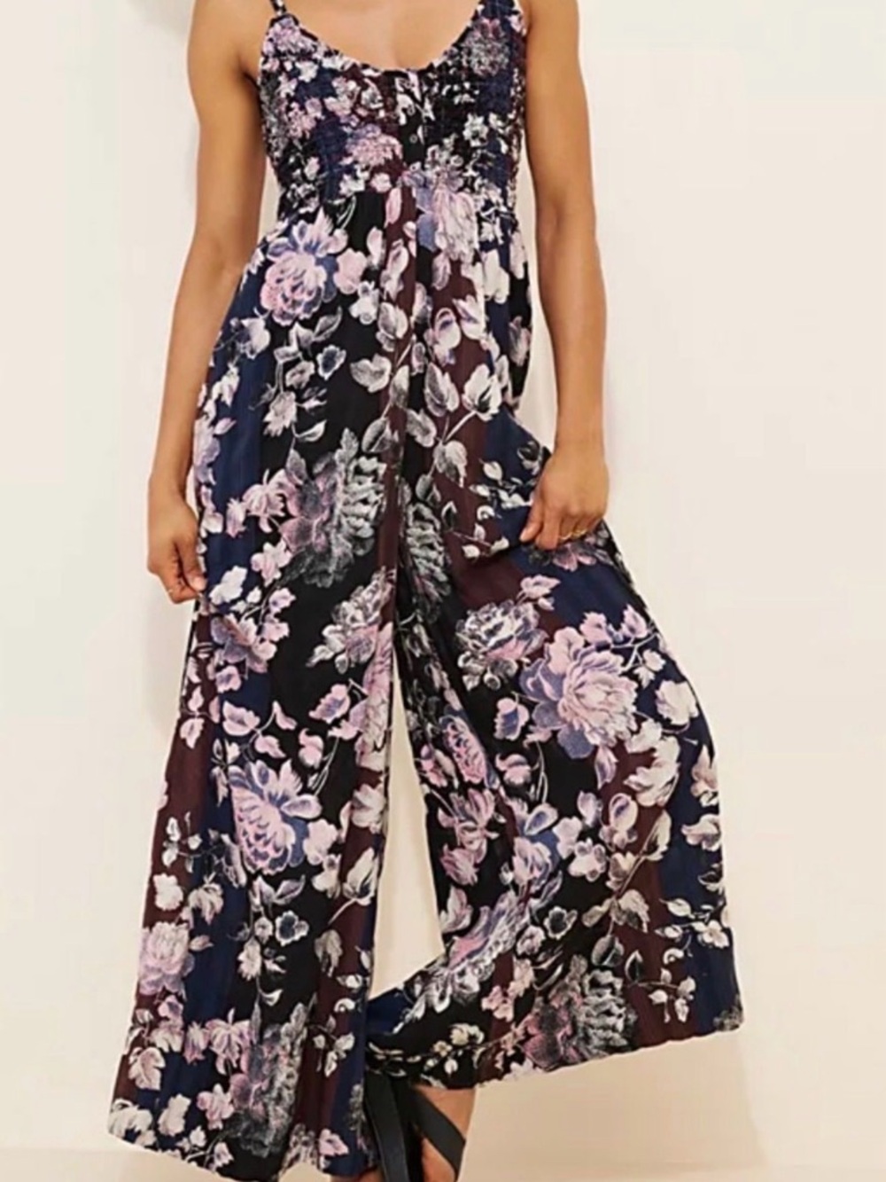 Free People Navy Floral Wide-Leg Jumpsuit with Pink Blooms retails $168